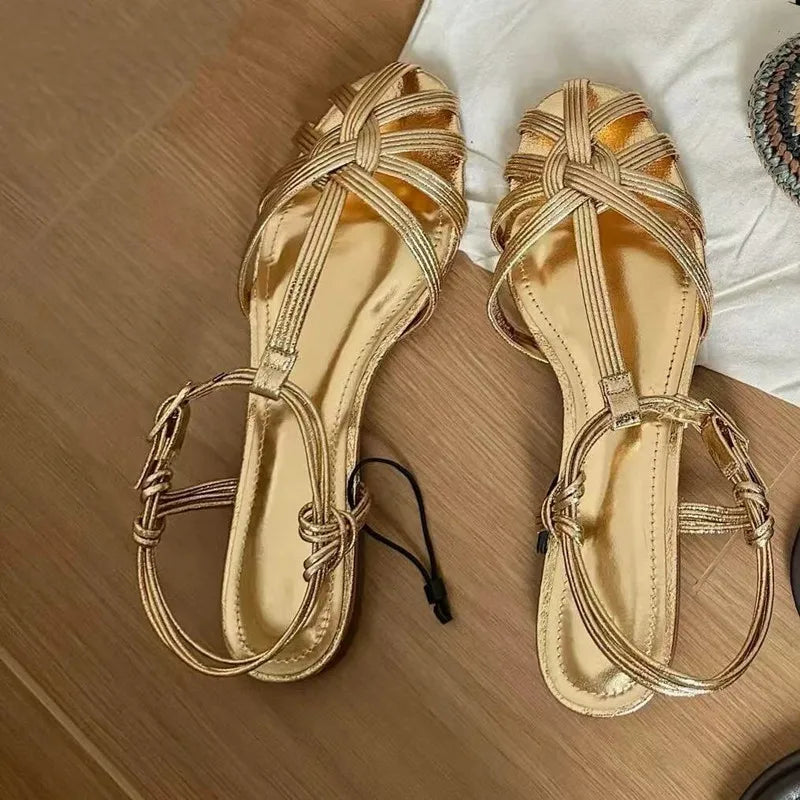 Luxury Gold Flat Sandals Women Summer Hollow Design Gladiator Sandals Comfortable Ankle Strap Casual Beach Shoes Mules Sandalias