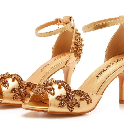 Sandalias de mujer de calidad femenina con diamantes de imitación de PU, tacón delgado de 7 cm, correa de hebilla, zapatos de vestir de estilo coreano para mujer, azul cielo maduro