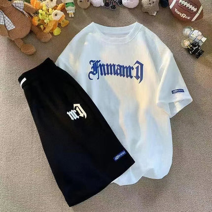 Set di abbigliamento sportivo a maniche corte in seta di ghiaccio estiva casual con waffle transfrontaliero T-shirt da uomo Set di abbigliamento da uomo abbinato platinumshop