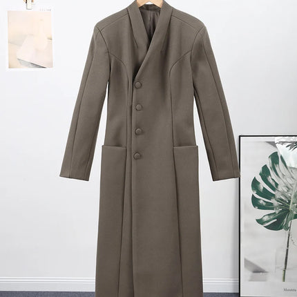 Women's Long Coat Slim V Neck Single Breasted Overcoats Shoulder Pad Maxi Jackets with Belt 2025 New Winter Lady Commute Outwear