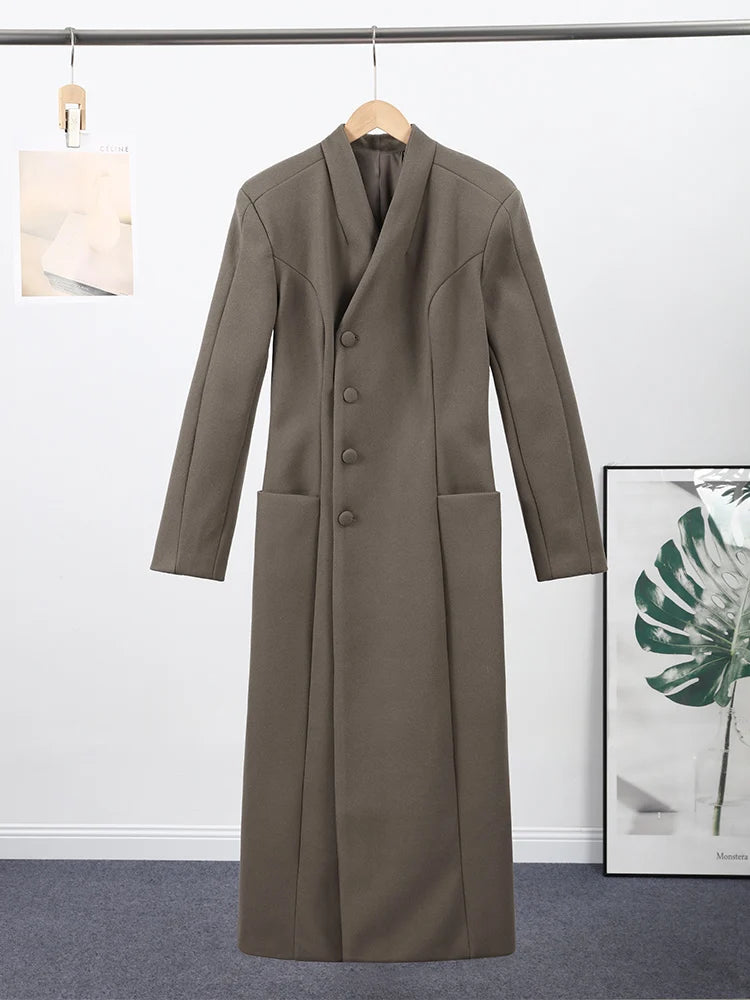 Women's Long Coat Slim V Neck Single Breasted Overcoats Shoulder Pad Maxi Jackets with Belt 2025 New Winter Lady Commute Outwear
