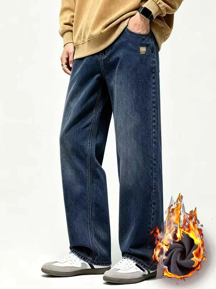 American Retro Jeans Men's 2026 Autumn and Winter with Plush New Trendy Brand High Street Casual Loose Straight Leg Long Pants