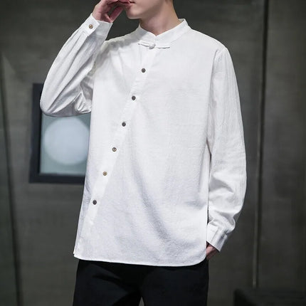 Camicie di lino in cotone Stile cinese Abito tradizionale retrò Tang Top da uomo Kung Fu Tai Chi Camicie casual a maniche lunghe in tinta unita da uomo