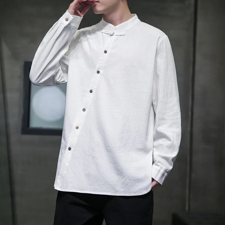 Camicie di lino in cotone Stile cinese Abito tradizionale retrò Tang Top da uomo Kung Fu Tai Chi Camicie casual a maniche lunghe in tinta unita da uomo
