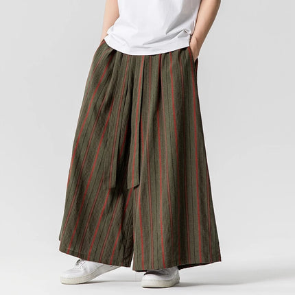 Pantaloni a righe da uomo in cotone e lino, comodi e traspiranti, pantaloni a gamba larga, kimono, samurai giapponese, pantaloni alla moda larghi casual da uomo