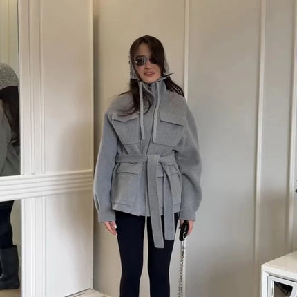 Casual Solid Woolen Loose Coats Women Belt Stand Collar Full Sleeve Zippers Lace Up Coat Female 2026 Autumn Lady Outwears