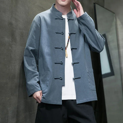 Camicie da uomo stile cinese retrò lino cotone tinta unita vestito Tang top cardigan uomo casual Kung Fu Tai Chi camicette da uomo abbigliamento