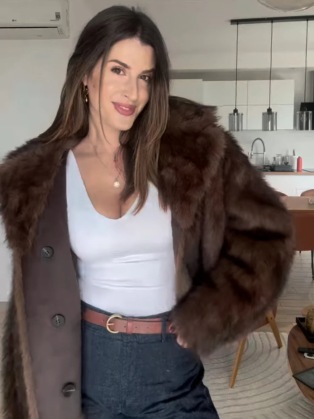 New in Reversible Double-faced Faux Fur Jacket for Women Stylish Lapel Collar Crossover Button-up Outwears Winter Brown Overcoat