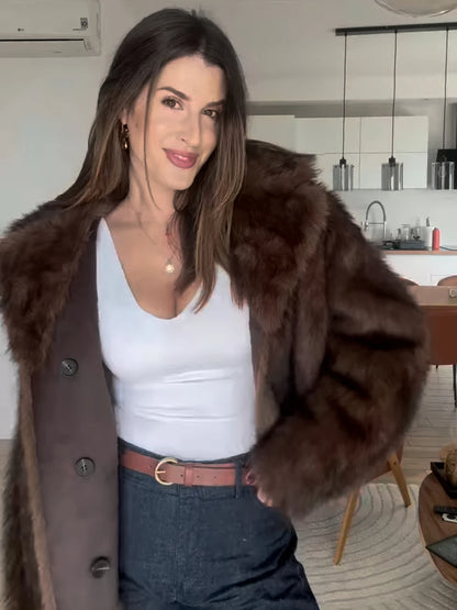 New in Reversible Double-faced Faux Fur Jacket for Women Stylish Lapel Collar Crossover Button-up Outwears Winter Brown Overcoat