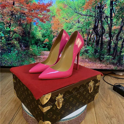 Tacchi altissimi personalizzati multicolori da 12 cm, pelle verniciata bianca nuda, suola rossa sexy, scarpe sottili a punta per ordine singolo platinumshop