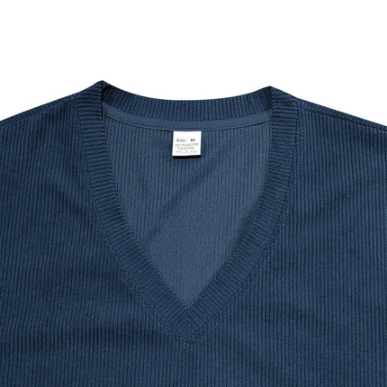 Men's European and American Summer Corduroy Solid Color Slim Casual V-Neck T-Shirt Amazon