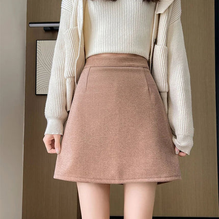 Autumn Winter Anti-Exposure Woolen Mini Skirt Women Korean College Style Short Skirts New Thicken Warm High Waist A-Line Skirt PlatiNum