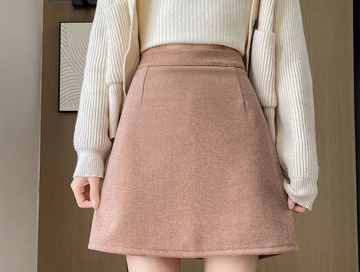 Autumn Winter Anti-Exposure Woolen Mini Skirt Women Korean College Style Short Skirts New Thicken Warm High Waist A-Line Skirt PlatiNum
