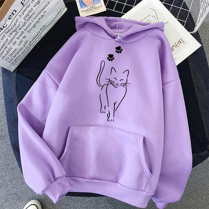 Whimsical Cat Print Sweatshirts Cat Women Kawaii Kangaroo Pocket Hoodies Girl Casual Pullovers Female Animal Hooded 90s Clothing