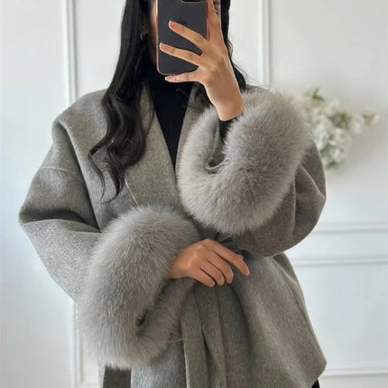 Tossy Fox Fur Wool Overcoat Women's Short Coat Office Lady Elegant Double-sided Woolen Coat 2025 New Cardigan Jackets Loose Wool