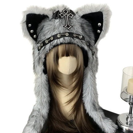 Dark Series Gothic Plush Hat Y2K Cross Metal Style Headwear Cosplay Cat Ear Hat Halloween Punk Rock Warm Cap for Women Men Child
