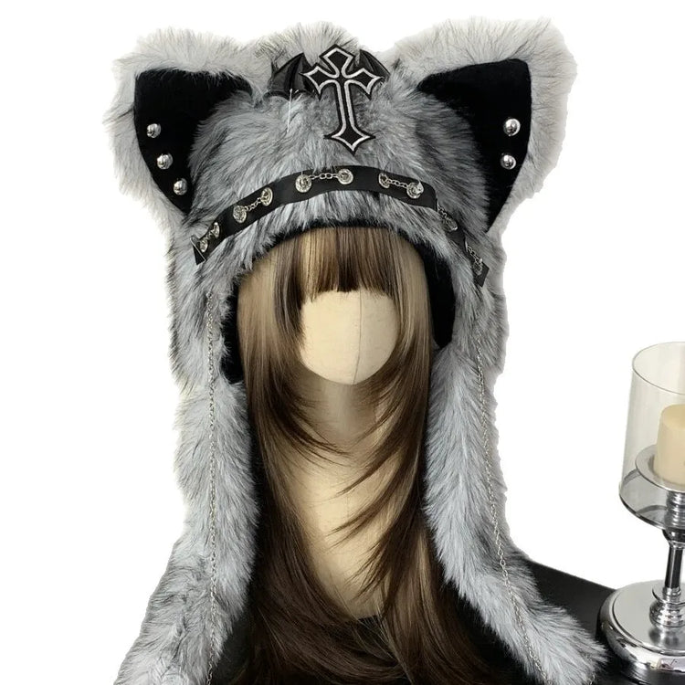 Dark Series Gothic Plush Hat Y2K Cross Metal Style Headwear Cosplay Cat Ear Hat Halloween Punk Rock Warm Cap for Women Men Child