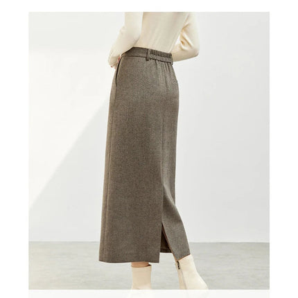SENTUBILA Straight Wool Skirt Women 2025 Winter Vintage Elegant Tweed High-waist Slit-hem Temperament Long Skirts 144Q56942 PlatiNum