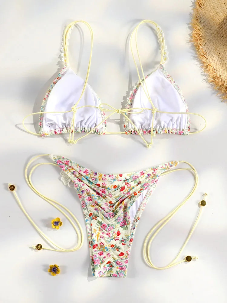 Set Bikini Triangolo Sexy Micro Thong, Costume da Bagno Donna, Biquini con Lacci, Abbigliamento da Spiaggia Stampato, Bikini Thong platinumshop