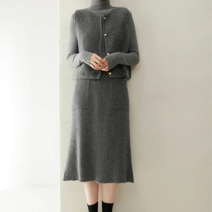 2025 Quality Woman 100% Cashmere Knitwear Thick Basic Skirts Autumn Winter Sexy Long A-Line Drawstring Vertical Stripe  Clothing PlatiNum