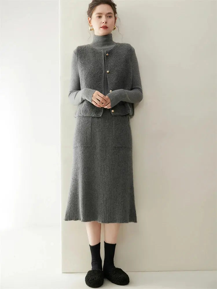 2025 Quality Woman 100% Cashmere Knitwear Thick Basic Skirts Autumn Winter Sexy Long A-Line Drawstring Vertical Stripe  Clothing PlatiNum