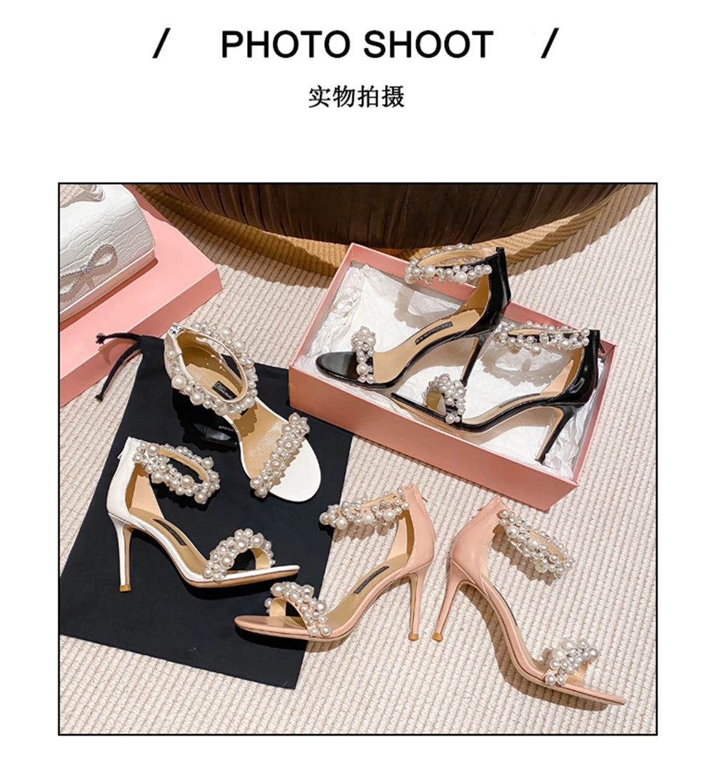 Summer new leather pearl ribbon sexy open-toe wedding shoes thin high-heeled banquet dress small size bag heel women's sandals