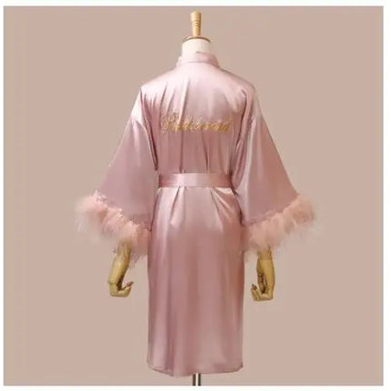Donna piuma sposa damigella d'onore abito da sposa raso Kimono accappatoio abito da notte ricamo lettera camicia da notte scollo a v Lingerie
