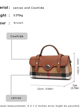 Borsa Mini Boston a Righe e Quadri in Tessuto con Finiture in Ecopelle, Chiusura a Giro e Torsione, Design con Patta, Borsa a Mano da Donna, a Tracolla, Portamonete
