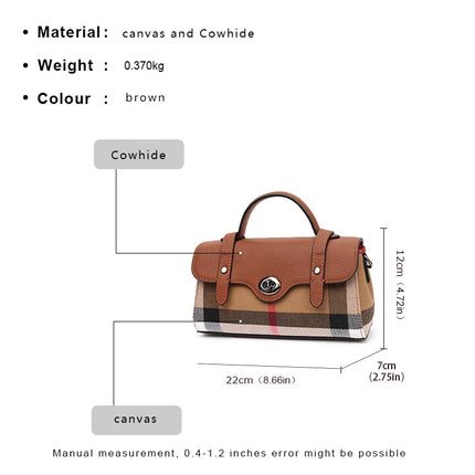 Borsa Mini Boston a Righe e Quadri in Tessuto con Finiture in Ecopelle, Chiusura a Giro e Torsione, Design con Patta, Borsa a Mano da Donna, a Tracolla, Portamonete