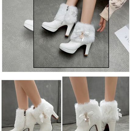Snow Boots Womens Winter Warm Plush Fashion High Heels Pink White Black Fur Bowt Dress Party Wedding Platform Boots 526-1