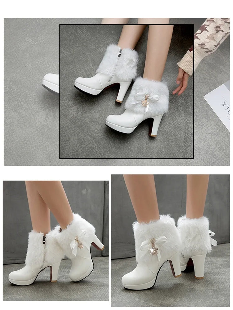 Snow Boots Womens Winter Warm Plush Fashion High Heels Pink White Black Fur Bowt Dress Party Wedding Platform Boots 526-1