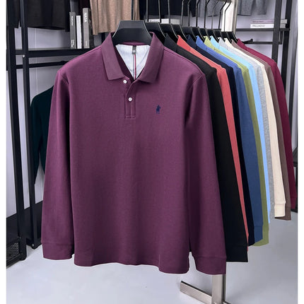 High-end branded long-sleeved polo shirt, 100% cotton, new business men's leisure lapel t-shirt, luxury comfort with Paul pony embroidery