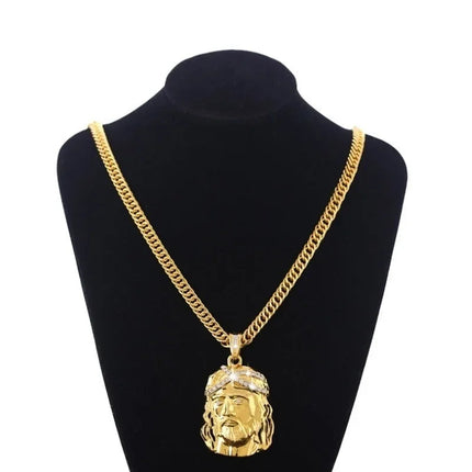 Vintage Christian Ice Crystal Jesus Head Pendant Necklace for Men and Women Cross Catholic Amulet Jewelry PlatiNum