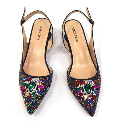 Venus Chan Royal Blue Sandals for Women 2024 Luxury Wedding Pumps Med Heels strass Design Party Shoes and Bags Set
