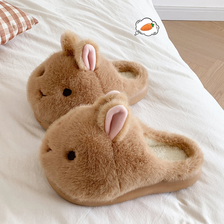 Cute Brown Bunny Plush Slippers Women Winter Warm Rebound Soft Sole House Shoes Indoor Fuzzy Non-Slip Comfortable Home Footwear