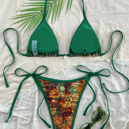 Costume da bagno bikini con stampa leopardata e bordo verde PlatiNum