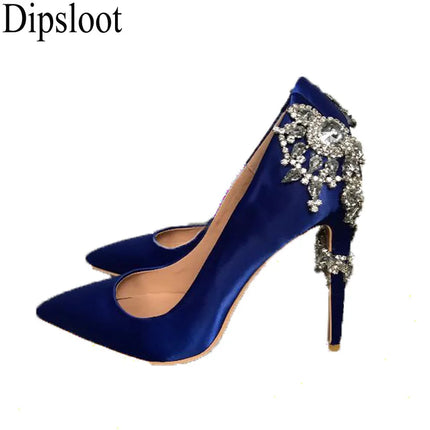 GlitterTwine Diamanti Fiore Tacco alto Décolleté blu royal Tacco alto in cristallo Party Donna Strass Décolleté in seta blu Scarpe da sposa