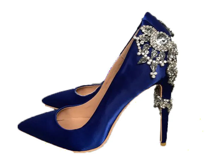 GlitterTwine Diamanti Fiore Tacco alto Décolleté blu royal Tacco alto in cristallo Party Donna Strass Décolleté in seta blu Scarpe da sposa