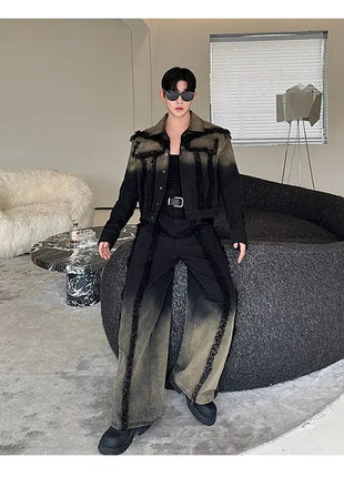 2025 New Men Denim Jacket and Jeans Set Two Piece Gradient Color Frayed Design Loose Fit High End Street Fashion Youth Trendy PlatiNum