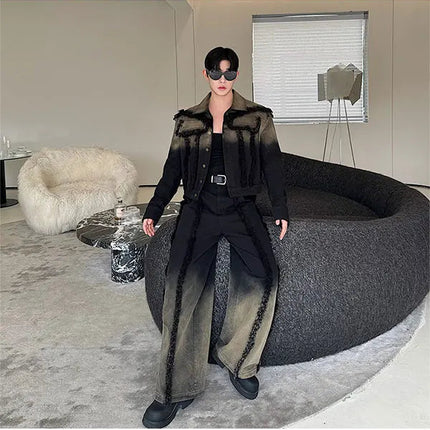 2025 New Men Denim Jacket and Jeans Set Two Piece Gradient Color Frayed Design Loose Fit High End Street Fashion Youth Trendy PlatiNum