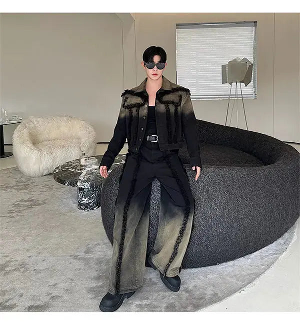 2025 New Men Denim Jacket and Jeans Set Two Piece Gradient Color Frayed Design Loose Fit High End Street Fashion Youth Trendy PlatiNum