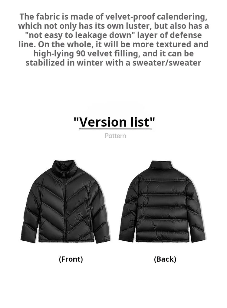 Maden Men's 90% White Duck Down Jacket Black Stand Collar Short Quilted Puffer Jacket Thermal Coat for Winter Streetwear