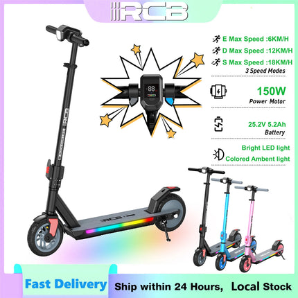 Monopattino elettrico pieghevole RCB R12 Pro W per bambini, autonomia 18 km/h, autonomia 15 km, schermo LED, luce RGB, per bambini dai 6 ai 12 anni