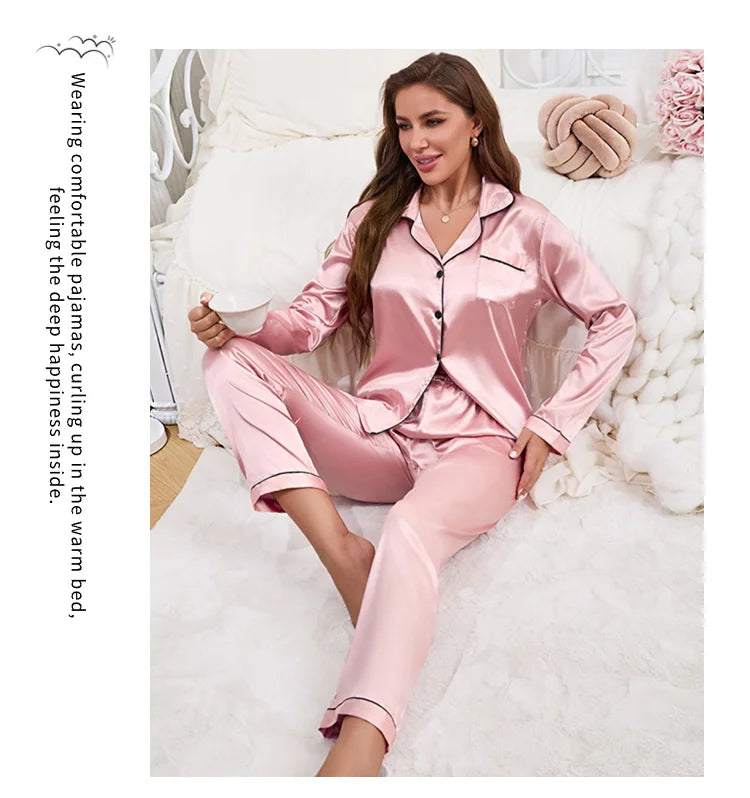 Pigiama da donna Completo da notte Completo da pigiama Pj Set Top a maniche lunghe in raso con pantaloni Pigiama da 2 pezzi Pigiama da donna