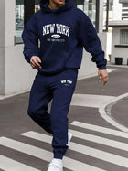 Men's Velvet Thickened Sports Set New York Letter Printed Spring and Autumn Hoodie Set Long Sleeve Casual Comfortable Pocket Hoo PlatiNum