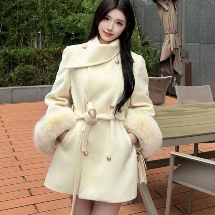 Korean Chic Elegant Double Breasted Fur Cuff Belted Wool Coat Women Slim Fit Winter Warm Casual Daily Party Outwear Blends New