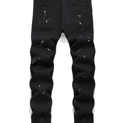 Men y2k Stretchy Skinny Denim Jeans For Men Casual pants Ripped Patchwork Hole Slim Fit Denim Hip Hop Black Straight Trousers PlatiNum