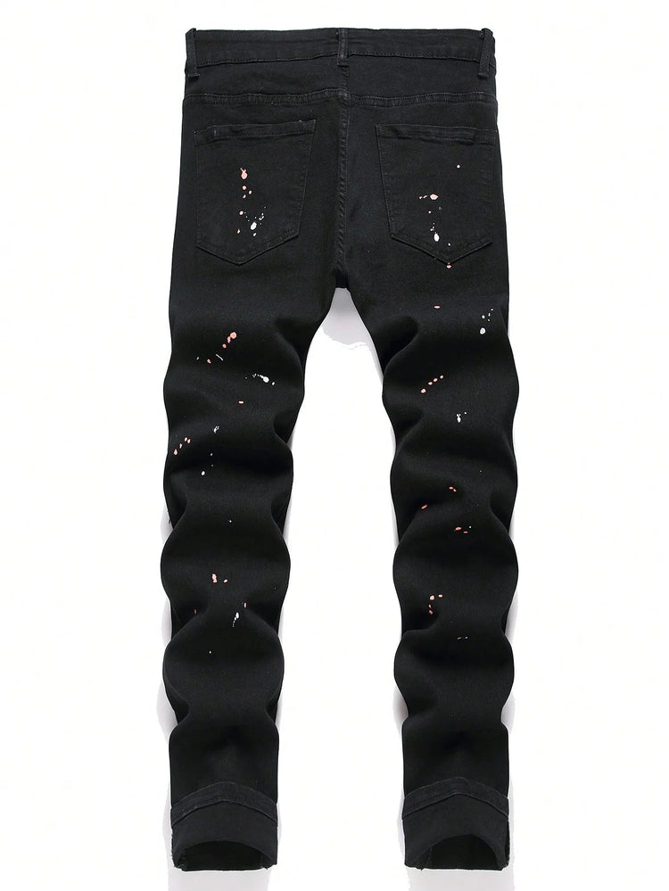 Men y2k Stretchy Skinny Denim Jeans For Men Casual pants Ripped Patchwork Hole Slim Fit Denim Hip Hop Black Straight Trousers PlatiNum