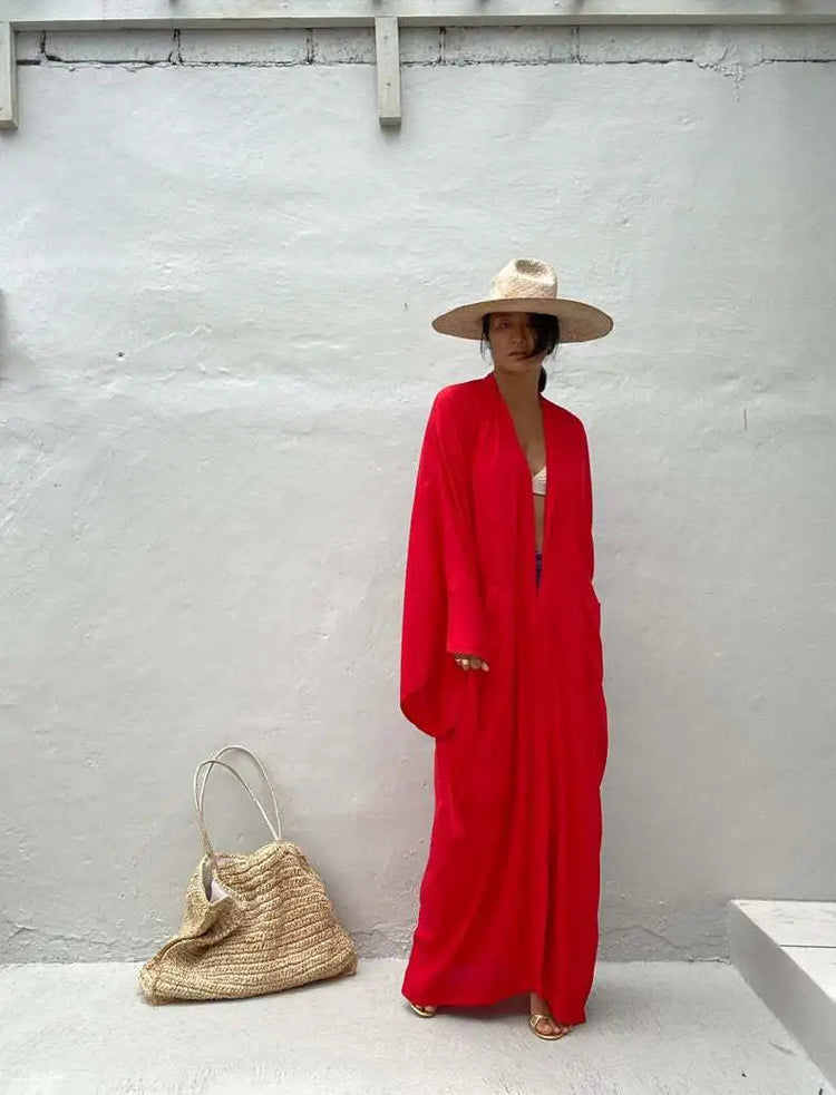 Solid Beach Cover Up Women Self Belted Wrap Kimono Dress Costume da bagno 2025 New Robe Summer Beachwear Fornitura in fabbrica platinumshop
