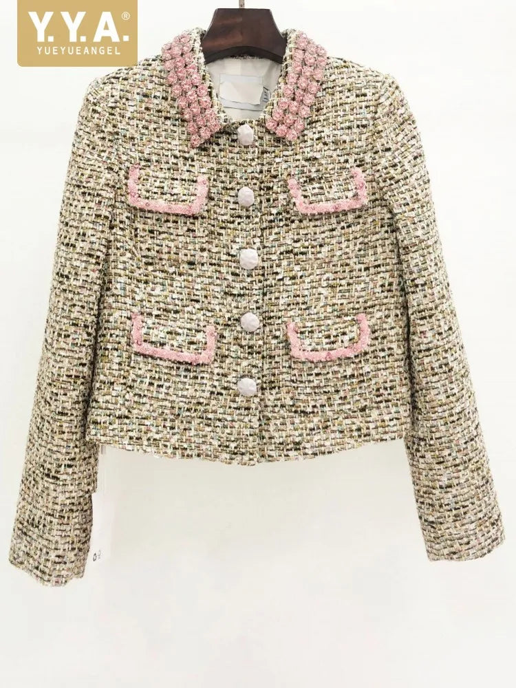 2025 Hot Sale Elegant Female Pink Shiny Diamonds Tweed Jackets Single Breasted Chic Tops Work Lady Slim Fit Coat Casual Blazers